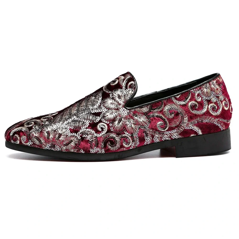Santimon‎ Men's US 12 Red Velvet Silver Stitching Smoking Loafers Dress Shoes